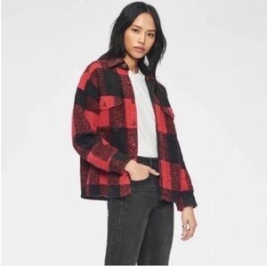 Anine Bing Bobbi Flannel Shirt Jacket Red Wool Plaid Buffalo Check